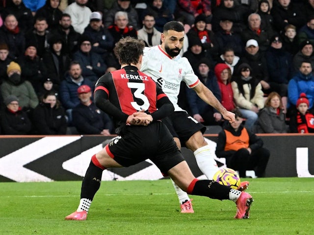 Mohamed Salah scores Liverpool's second goal against Bournemouth, on February 1, 2025