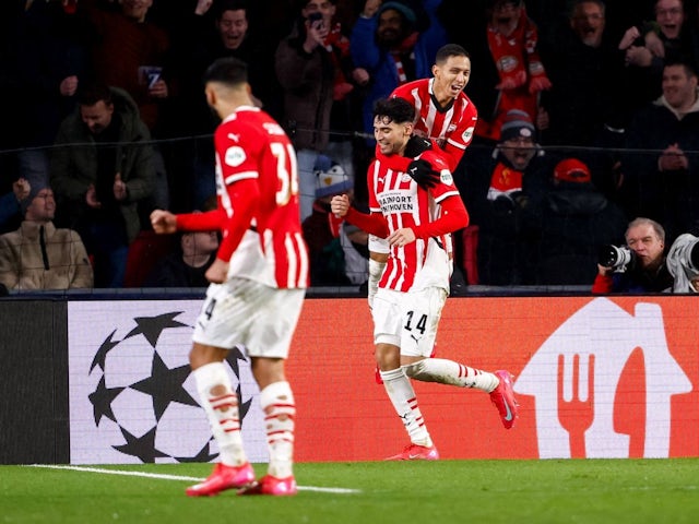 Ricardo Pepi of PSV Eindhoven celebrates scoring against Liverpool, on January 29, 2025