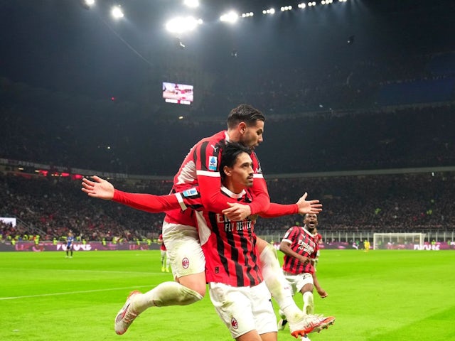 AC Milan's Tijjani Reijnders celebrates scoring against Inter Milan, on February 2, 2025