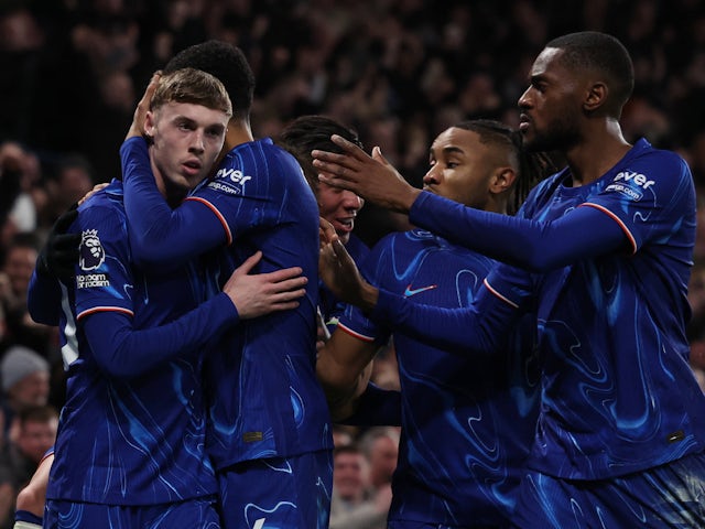 Chelsea's Cole Palmer celebrates after West Ham United's Aaron Wan-Bissaka scores an own goal on February 3, 2025