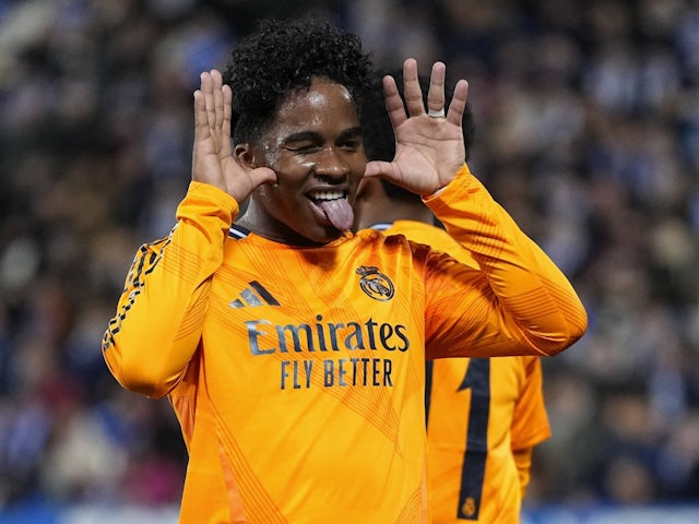 Real Madrid's Endrick celebrates scoring against Leganes on February 5, 2025