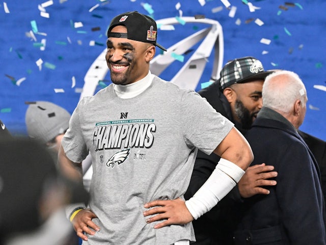 Philadelphia Eagles quarterback Jalen Hurts celebrates winning the NFC Championship on January 26, 2025