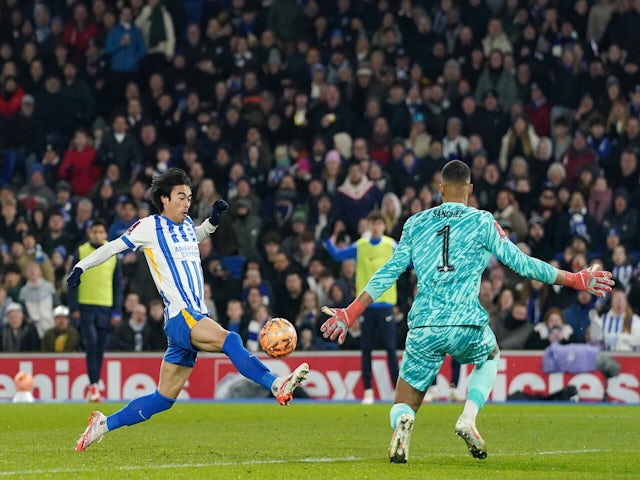 Brighton's Kaoru Mitoma scoring against Chelsea on February 8, 2025