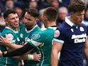 Ireland's Mack Hansen celebrates after scoring a try during the Guinness Men's Six Nations match against Scotland on February 9, 2025