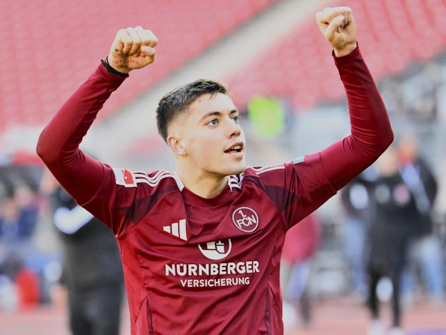 Nurnberg's Stefanos Tzimas celebrates on January 19, 2025