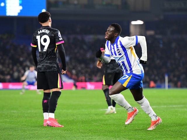 Yankuba Minteh celebrates scoring for Brighton & Hove Albion against Chelsea on February 14, 2025