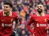 Liverpool's Luis Diaz and Mohamed Salah celebrate on February 16, 2025