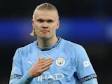 Manchester City striker Erling Haaland celebrates scoring on February 11, 2025