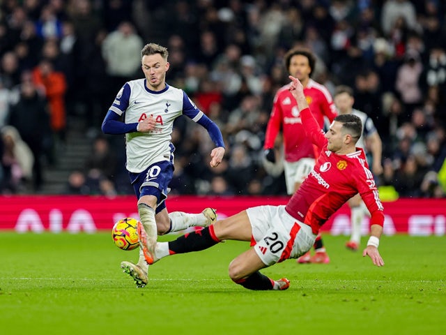 Tottenham Hotspur's James Maddison in action against Manchester United on February 16, 2025