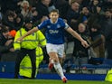 Everton's James Tarkowski celebrates his goal on February 12, 2025