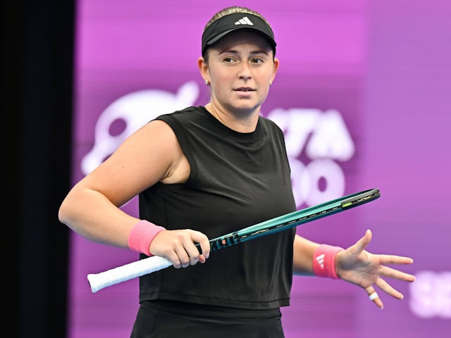 Jelena Ostapenko reacts at the Qatar Open on February 12, 2025