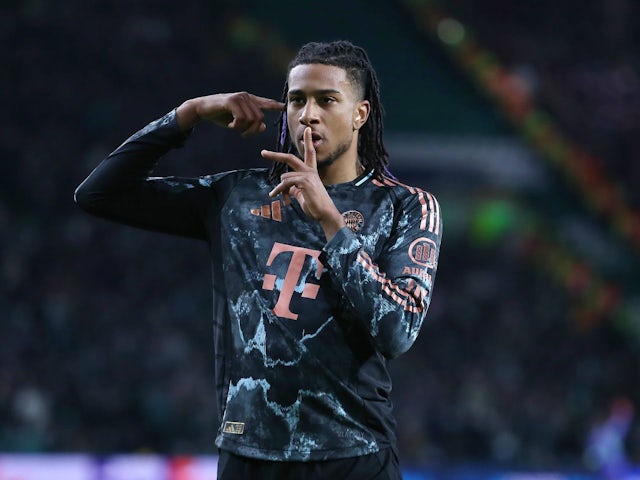 Bayern Munich's Michael Olise celebrates after scoring on February 12, 2025