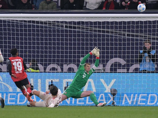 Bayer Leverkusen's Nathan Tella hits the bar against Bayern Munich on February 15, 2025