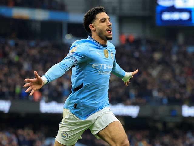 Manchester City's Omar Marmoush celebrates on February 15, 2025