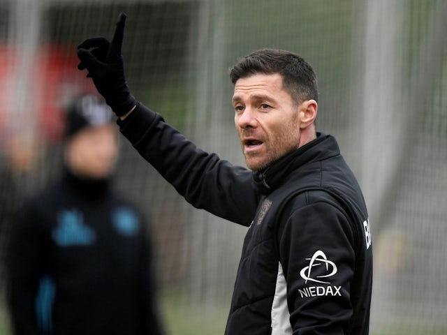 Bayer Leverkusen manager Xabi Alonso during a training session, on February 11, 2025