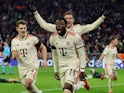 Alphonso Davies celebrates after scoring for Bayern Munich on February 18, 2025