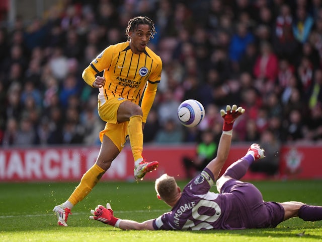 Brighton and Hove Albion's Joao Pedro scores their side's first goal of the game on February 22, 2025