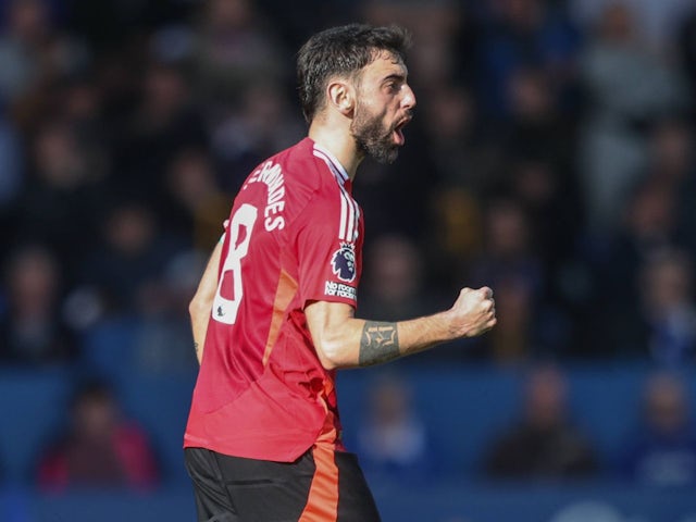 Manchester United's Bruno Fernandes celebrates after scoring on February 22, 2025