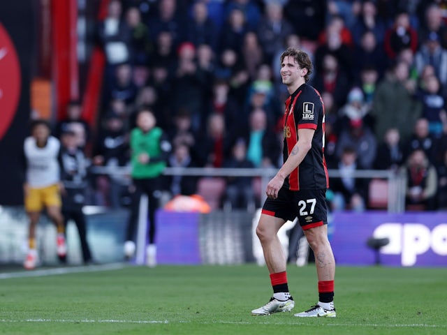 Bournemouth's Illya Zabarnyi leaves the pitch after being shown a red card on February 22, 2025