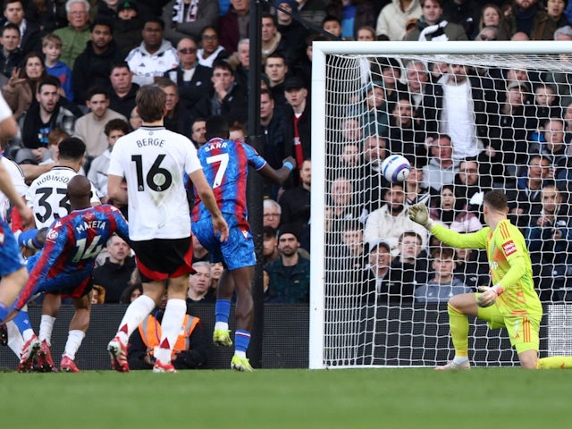 Jean-Philippe Mateta of Crystal Palace scores from an offside position against Fulham, on February 22, 2025