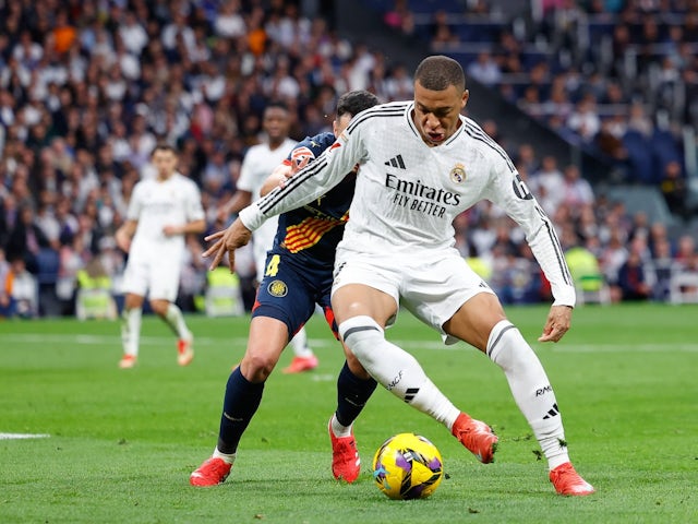 Real Madrid's Kylian Mbappe in action against Girona on February 23, 2025