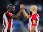 Brentford's Yoane Wissa celebrates with Bryan Mbeumo on February 21, 2025