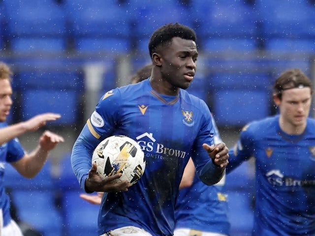 Adama Sidibeh of St Johnstone celebrates scoring on February 23, 2025