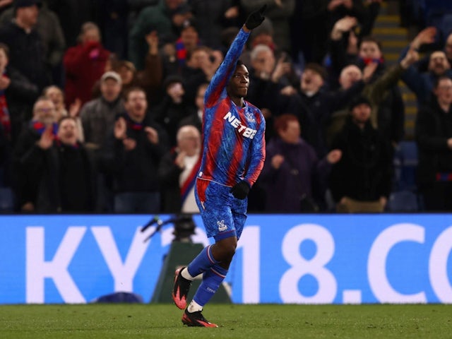 Eddie Nketiah celebrates scoring his first goal for Crystal Palace on February 25, 2025