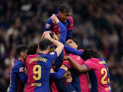 FC Barcelona players celebrate a goal against Real Sociedad on March 2, 2025