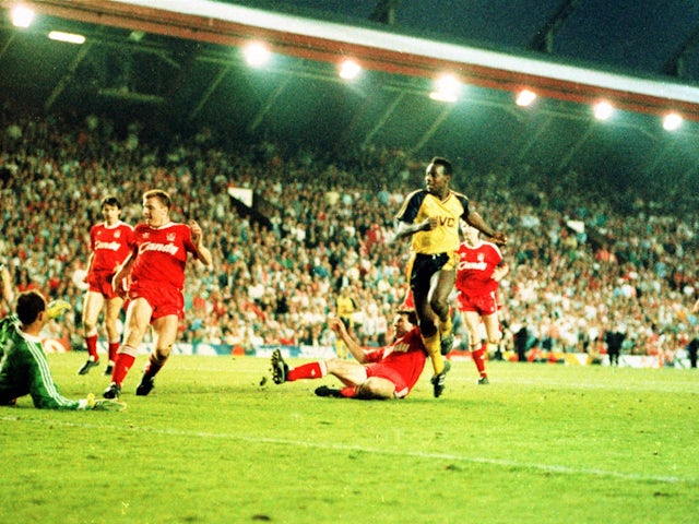 Arsenal's Michael Thomas scores against Liverpool in 1989