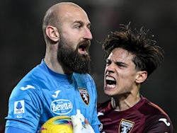 Torino players Samuele Ricci and Vanja Milinkovic-Savic celebrate on February 22, 2025