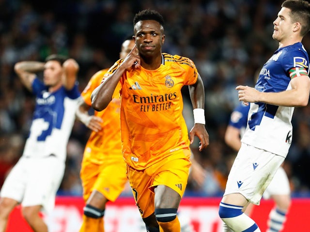 Real Madrid's Vinicius Junior celebrates after scoring on September 14, 2024