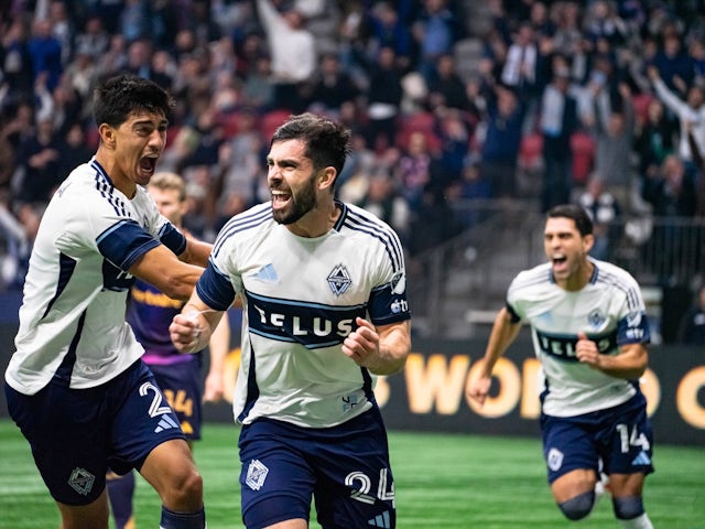  Brian White and Matias Laborda of the Vancouver Whitecaps celebrate a goal on March 2, 2025