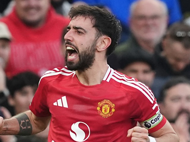 Manchester  United's Bruno Fernandes reacts on March 9, 2025