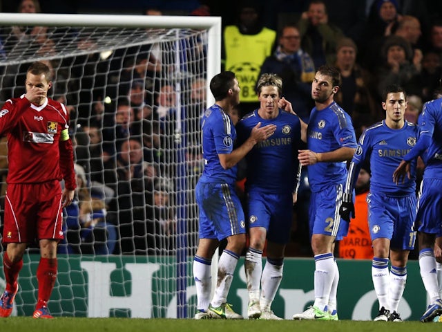 Chelsea celebrating a goal against Nordsjaelland in 2012.