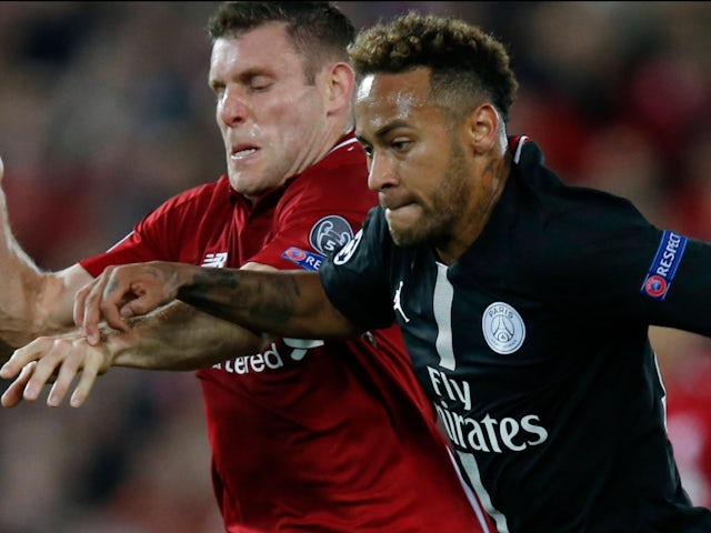 Liverpool's James Milner and Paris Saint-Germain's Neymar pictured on September 18, 2018