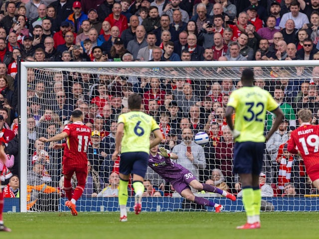 Mohamed Salah scores his second goal against Southampton for Liverpool, on March 8, 2025