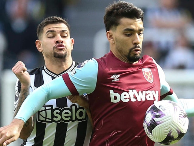 Newcastle United's Bruno Guimaraes and West Ham United's Lucas Paqueta on March 30, 2024