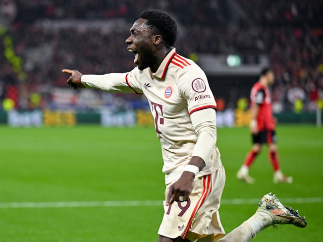 Alphonso Davies celebrates scoring for Bayern Munich on March 11, 2025