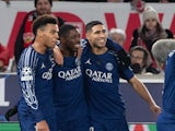 Desire Doue, Ousmane Dembele, Achraf Hakimi celebrate a goal for Paris Saint-Germain in January 2025.