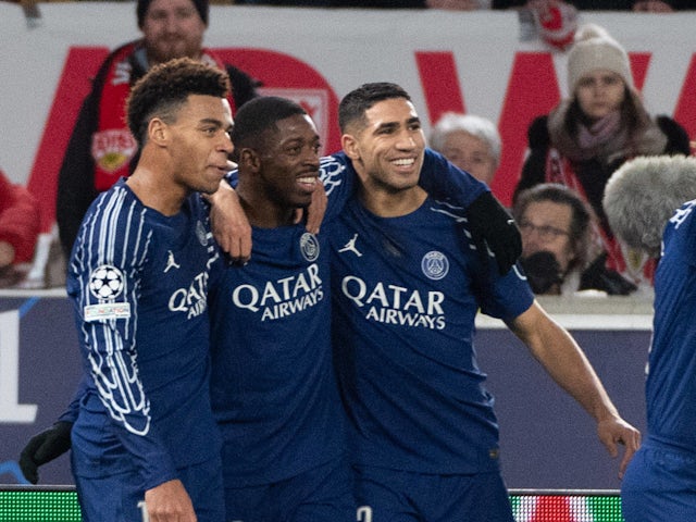 Desire Doue, Ousmane Dembele, Achraf Hakimi celebrate a goal for Paris Saint-Germain in January 2025.