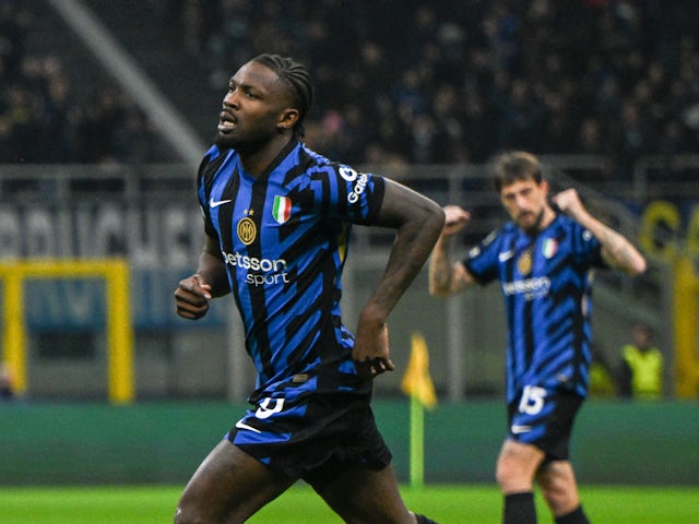 Inter Milan's Marcus Thuram celebrates on March 11, 2025