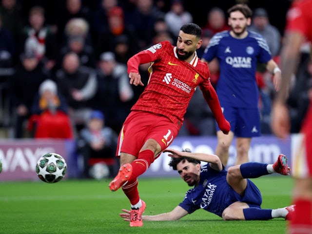 Mohamed Salah of Liverpool during his side's match against Paris Saint-Germain, on March 11, 2025