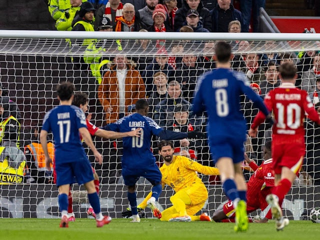 Ousmane Dembele of Paris Saint-Germain scores against Liverpool, on March 11, 2025