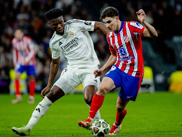 Real Madrid's Aurelien Tchouameni and Atletico Madrid's Julian Alvarez on March 4, 2025